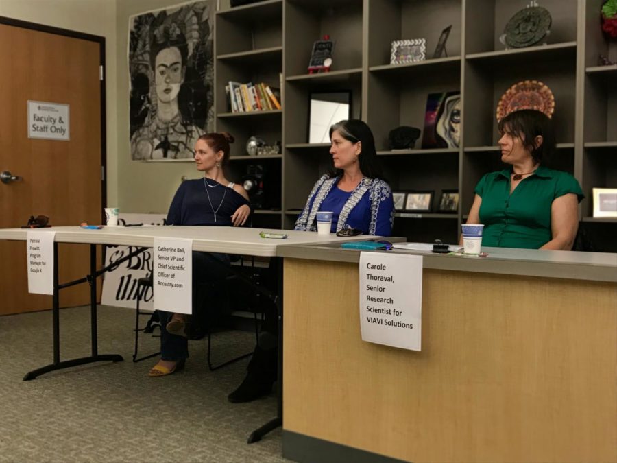Women in Technology guest panelists Patricia Prewitt, Dr. Catherine Ball and Dr. Carole Thoraval spoke with SRJC students March 30 on the Petaluma campus as part of a Women's History Month event. Photo by Jennifer Do.