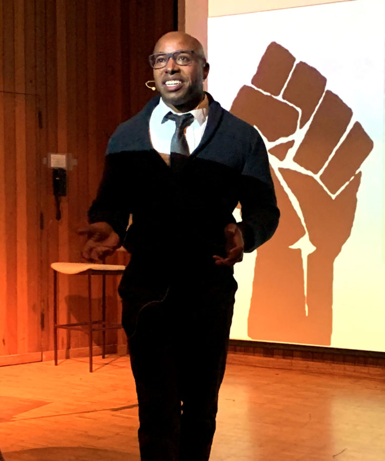 Santa Rosa Junior College social studies instructor Chris Collins speaks about the many forms of resistance toward slavery, in the Newman Auditorium at noon on Monday Feb. 4 2019.