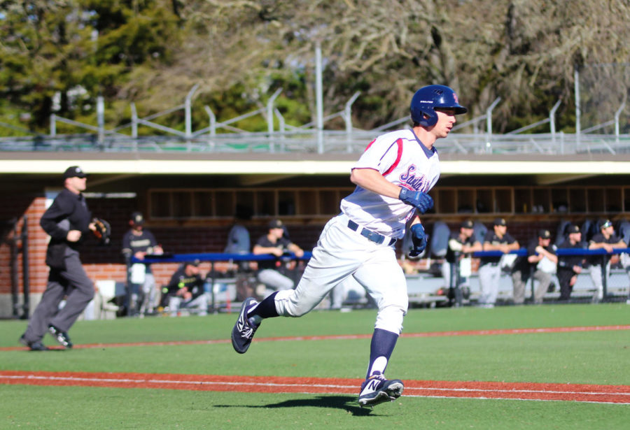 Outfielder Tayler Cullen sprinted to first base In the second inning of SRJC's 8-5 victory over College of Marin. 