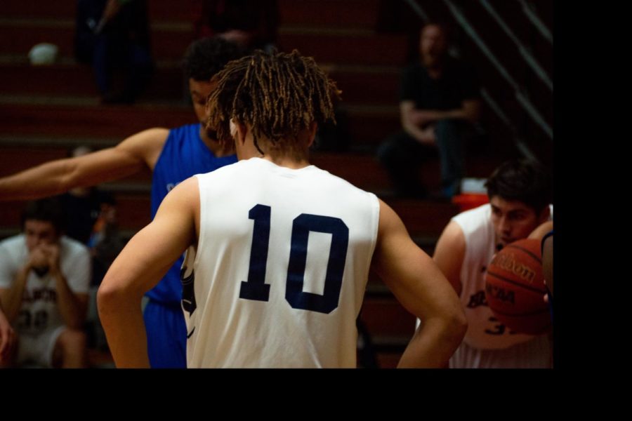 SRJC starting freshman guard, and former Cardinal Newman High school standout, Damian Wallace waits for his teammate to shoot free throws in the Bear Cubs 82-62 blowout win February 5, 2019. 