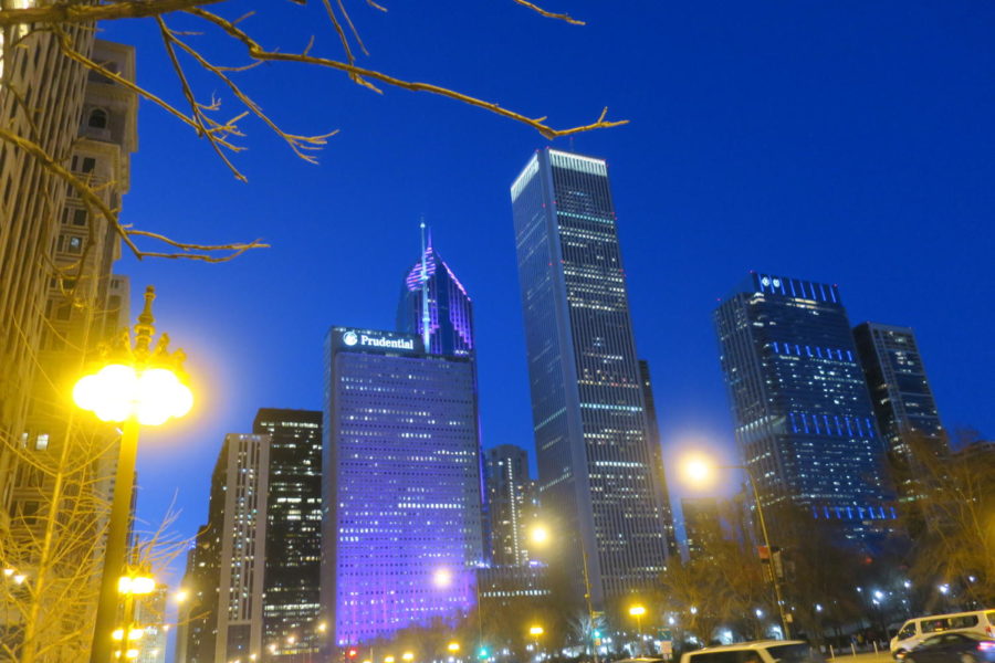 The Chicago skyline shines in the night. 