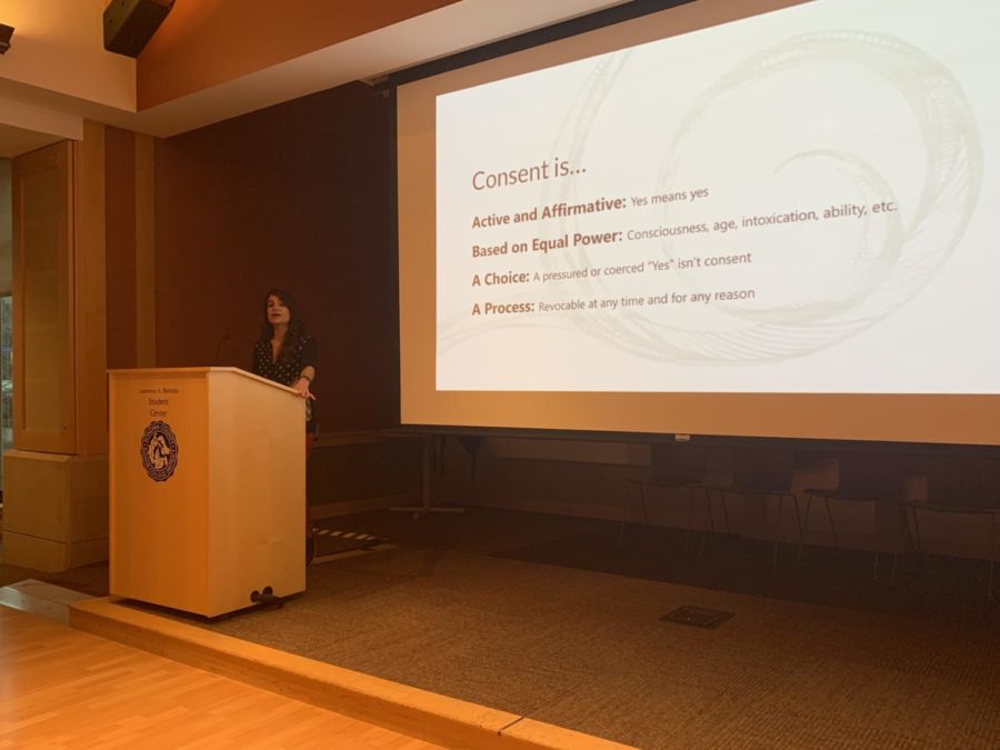 Sexual assault survivor, educator and victim advocate Becky Fein says "consent is an enthusiastic and on-going agreement between all who are involved. It's affirmative, which means you're all at yes, not simply an absence of no" during her presentation on sexual assault on March 5 in the Girvin Student Activities Center.