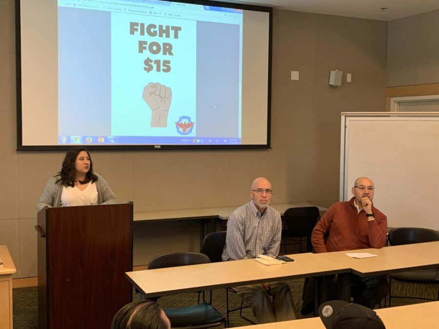 MEChA co-chair Jocelyn Toscano (left) prepares her follow-up questions if administrators, Dean of Students Robbert Ethington (center), and Vice President of Student Services Pedro Avila, offer anything less than $15-per-hour on March 11 in the Bertolini Student Center.