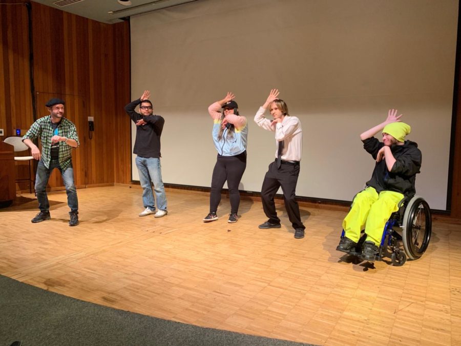 Ian Sanborn (left) directs comically detailed ASL techniques for a rooster to four SRJC deaf studies students: Saadi Vega, 35; Dreena Edillor, 20; Marc Gonzalez and Tyler O'Brien, 22 (left to right).