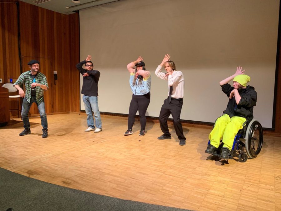 Ian Sanborn (left) directs comically detailed ASL techniques for a rooster to four SRJC deaf studies students: Saadi Vega, 35; Dreena Edillor, 20; Marc Gonzalez and Tyler OBrien, 22 (left to right).