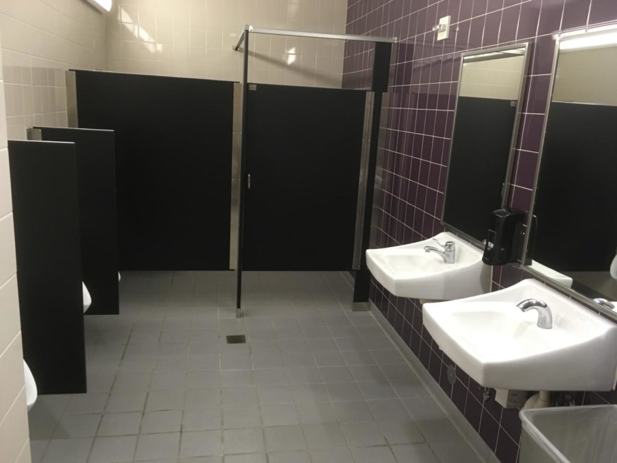 The upstairs men's bathroom in Mahoney Library on Petaluma campus where the alleged incident took place.