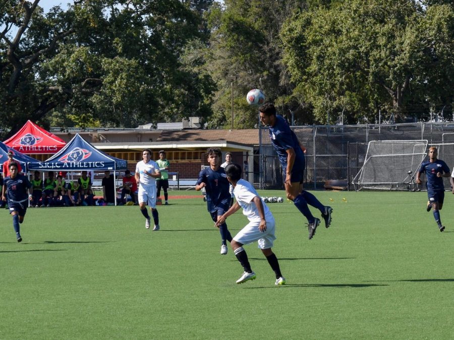 SRJC defenseman Matias Gomez goes up for a header in the first half of Wednesday’s home opener versus Contra Costa. The Bear Cubs trounced their opponent 12-0.