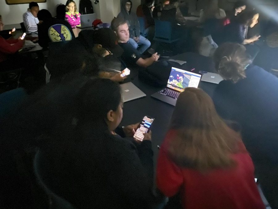 SRJC students sit in the dark during anthropology lab and watch an ABC7 news live stream during the Oct. 22 lockdown.