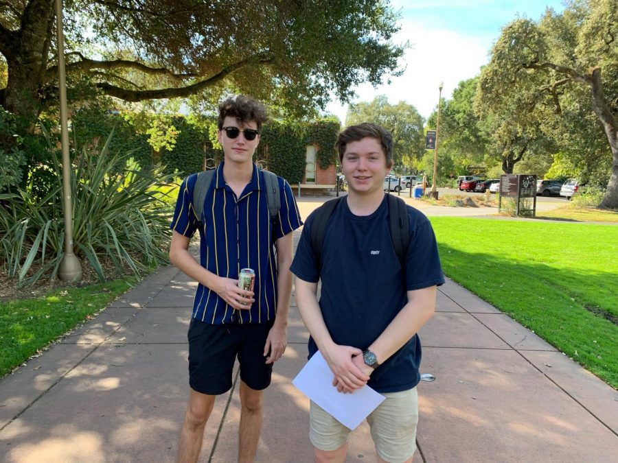 SRJC students and friends Chris Morris, 19, and Duncan MacGregor, 19, connect on campus for the first time since the Kincade fire started. Morris's home and phone were without power, so they were grateful to meet on campus.