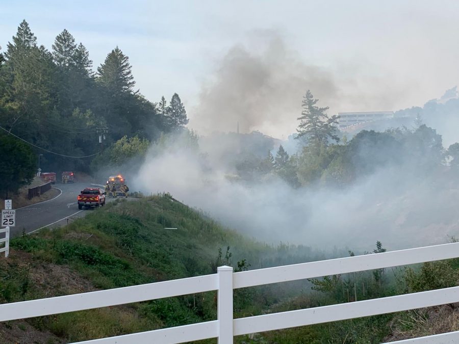 Smoke and steam rise from fire at the entrance to River Rock Casino after fire helicopters dropped gallons of water. 