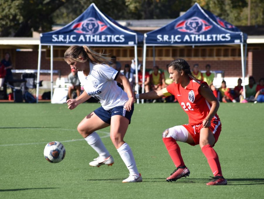 SRJC captain Gizela Carranza attempts to steal the ball from a Cosumnes River player during the Bear Cubs 0-0 draw Friday.