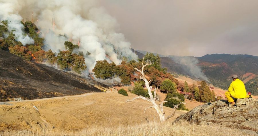 The Kincade fire sweeps down a hillside near Alexander Valley.