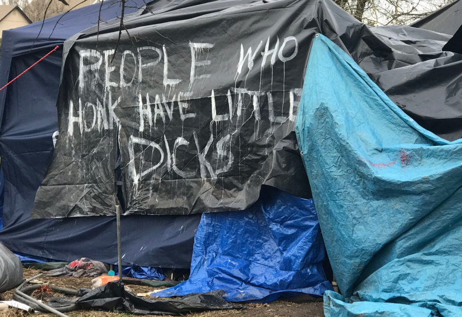 A Joe Rodota Trail resident makes his opinion of the noise pollution known with this message facing passing traffic: PEOPLE WHO HONK HAVE LITTLE DICKS.