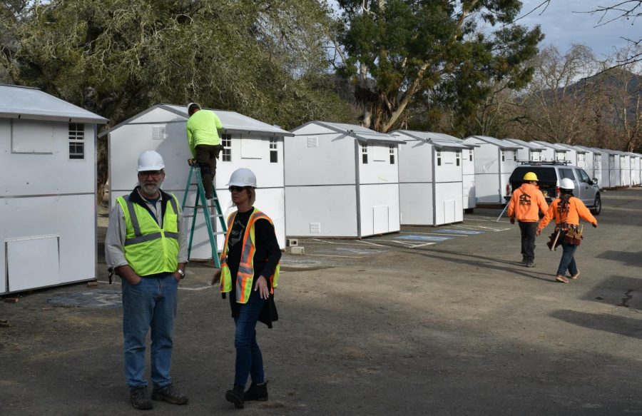 County Project Manager Bruce Overson and Pallet Shelter Founder and CEO Amy King  discuss the site Jan. 23 at the Los Guilicos Village in Santa Rosa.