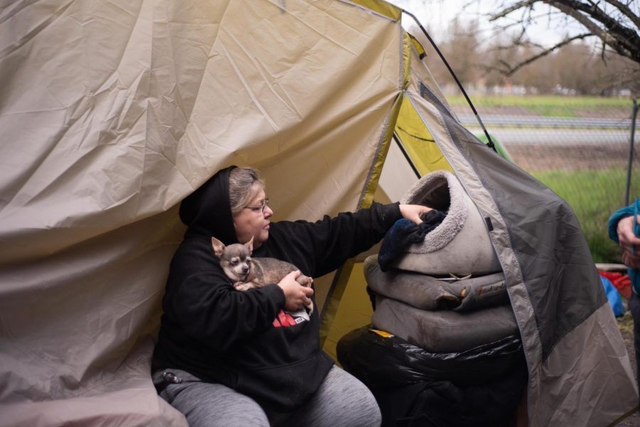 Tina, 50, sits with her chihuahua in her camp on the Joe Rodota Trail.