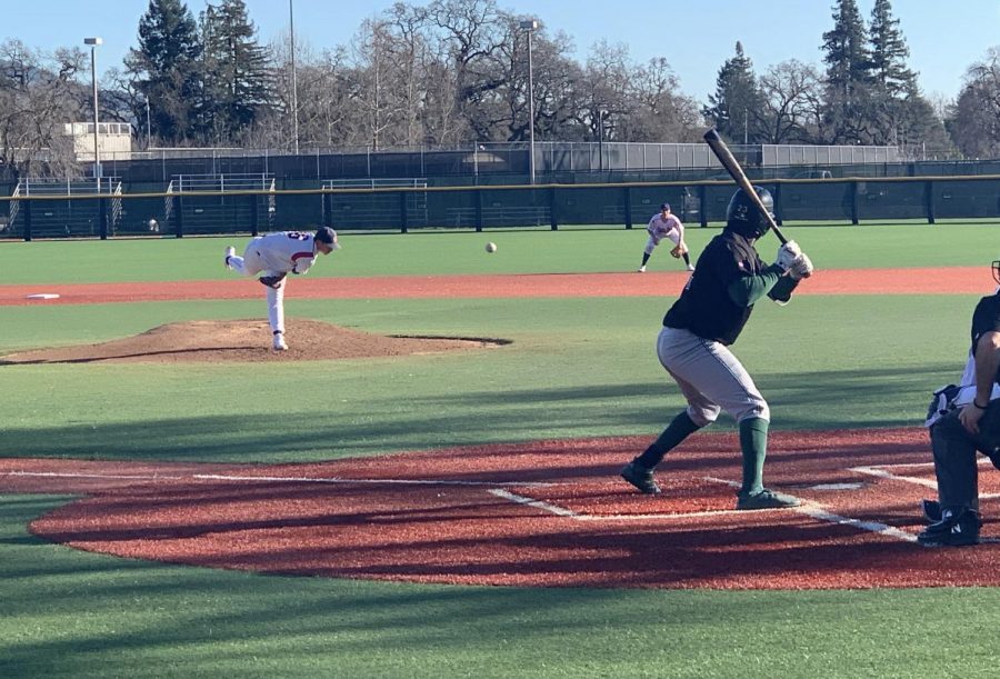 Noah Rennard delivers a pitch to a Laney College batter in the sixth inning of the Bear Cubs 4-0 win Thursday at SRJC. Rennard was masterful, pitching into the eighth inning without allowing a hit. 