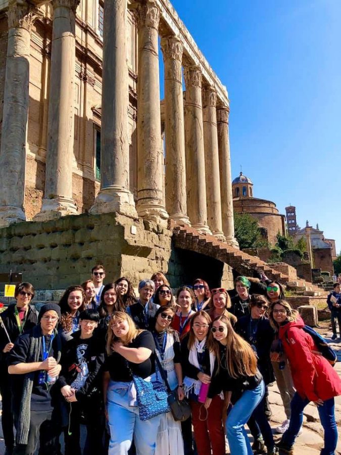 SRJC students pose alongside their fellow Spring 2020 AIFS students in front of the Roman Forum, blissfully unaware that it would be their last trip together before contagious disease would cause the programs termination on March 3.