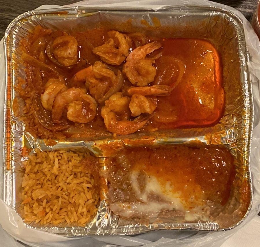 Camarones A la Diabla with rice and beans (tortillas not pictured). Pricey but spicy, and well worth the cost in this reviewer's opinion.