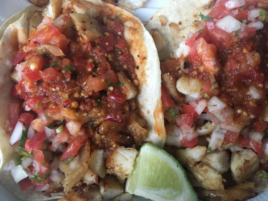 Two fish tacos from Chunkys Taqueria in Petaluma.