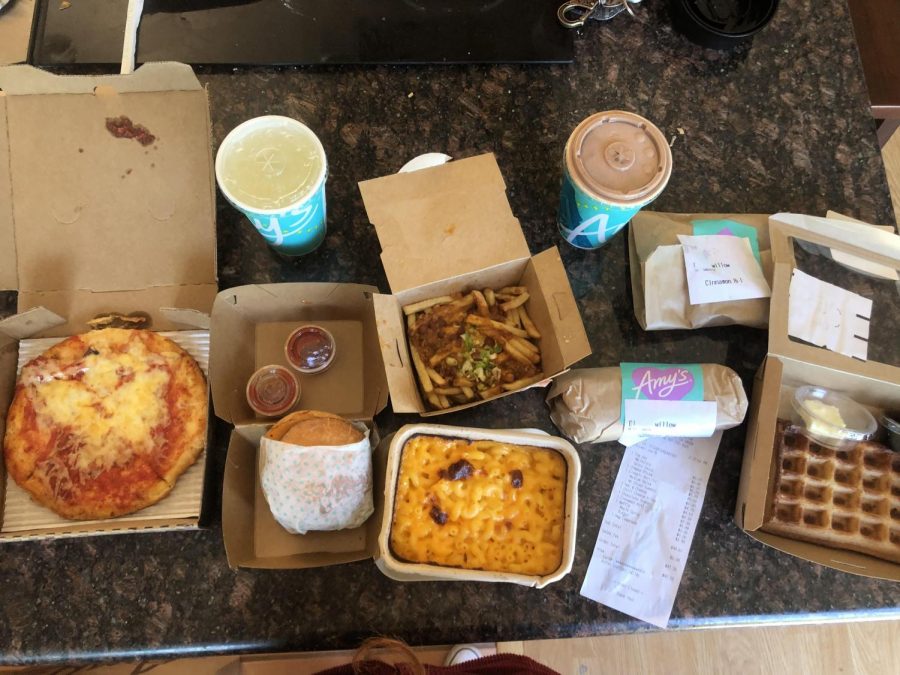 Amy's Spicy Cheese Pizza, Classic Burrito, The Amy Burger, Mac 'n' Cheese, Chili Cheese Fries, Chocolate Shake, Lemonade, Cinnamon Roll and a Waffle from Amy's Drive-Thru in Rohnert Park. 