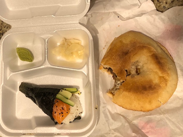 A Salmon handroll and teriyaki cheesesteak. Ultimate in feel good food.