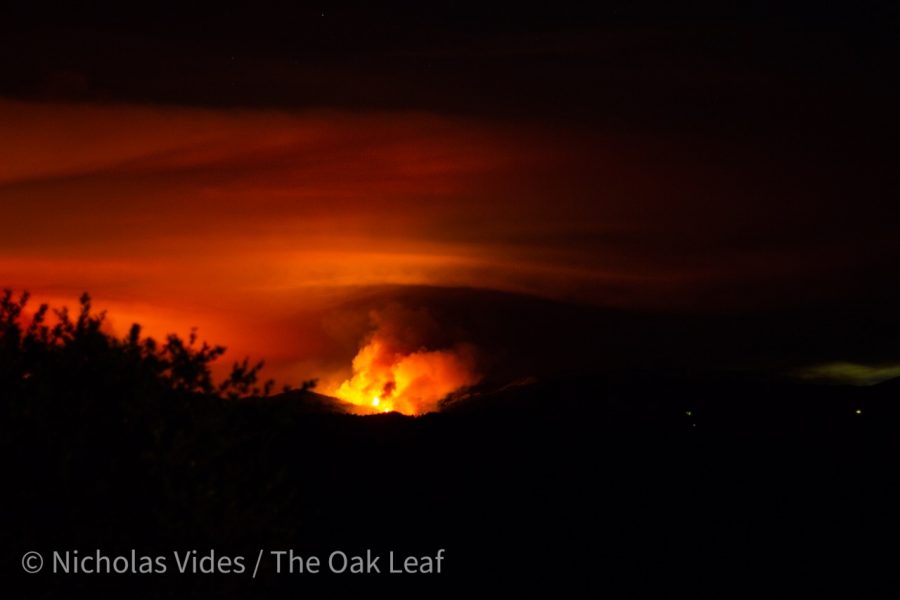 A fire burns Tuesday night as part of the LNU Lightning Complex, a series of wildfires raging in Sonoma and Napa counties.