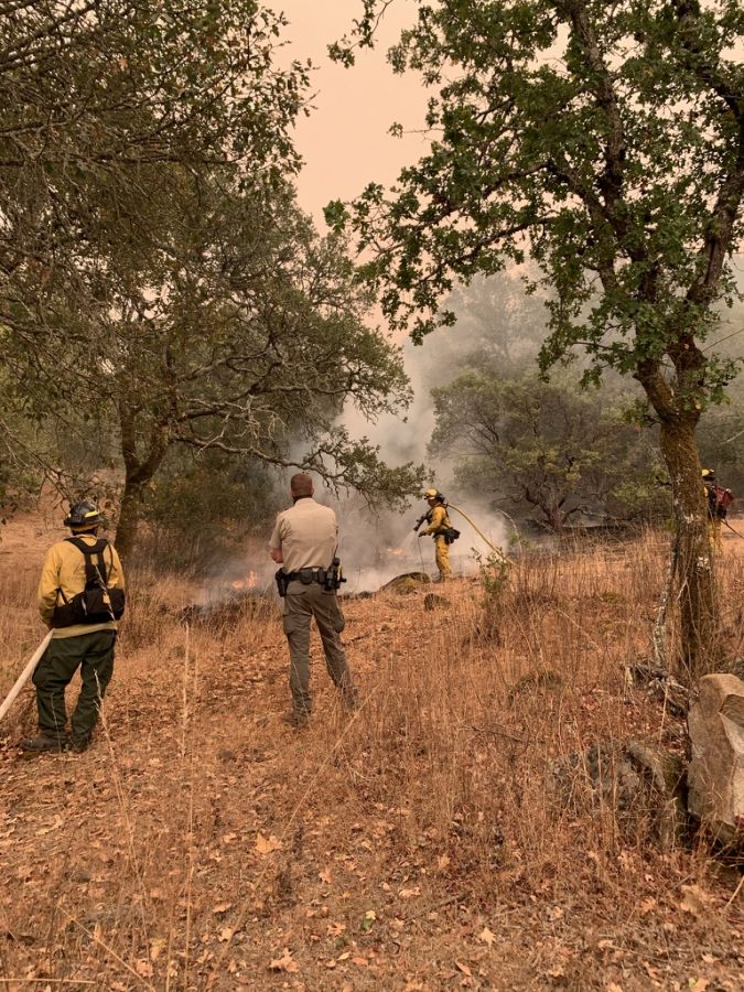 Cal Fire crews work on Monday evening to extinguish a vegetation fire at the entrance to Annadel State Park, just past the public restrooms.