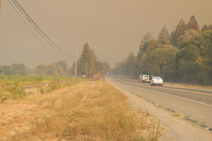 Smoke from the Glass Fire obscuring visibility on HWY 128 in Calistoga