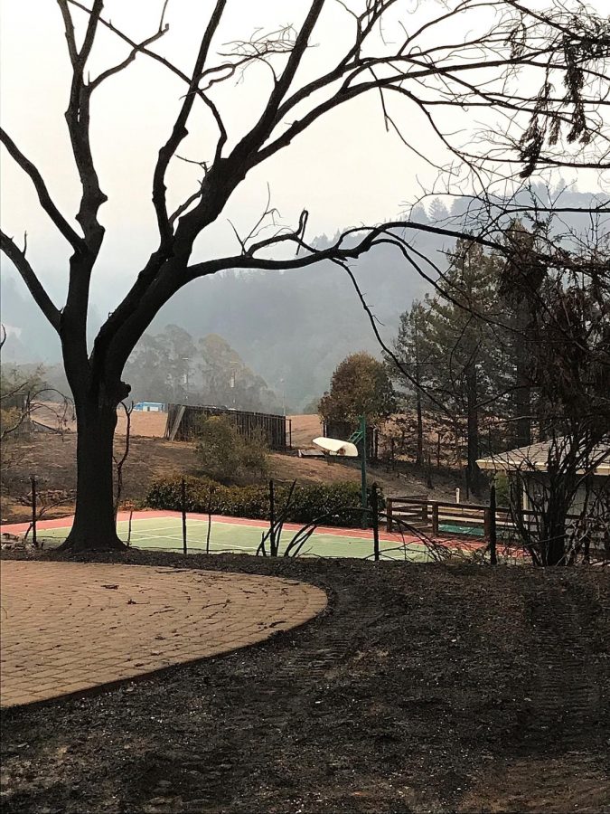 A basketball court surrounded by scorched yards looks ready to host a pickup game. 