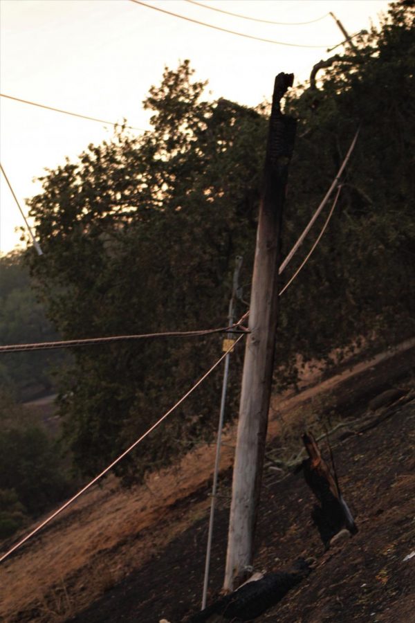 A charred utility pole holds dangling power lines on the side of Highway 12.