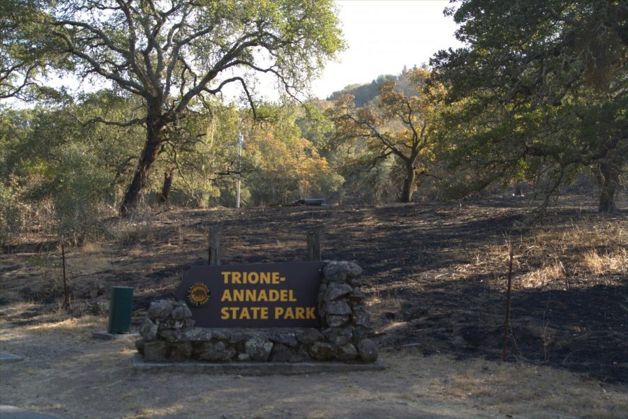 Trione-Annadel State Park sign still standing among the burnt ground