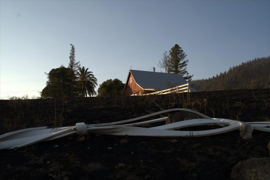 A ranch still stands when flames were hot enough to warp the fencing around it