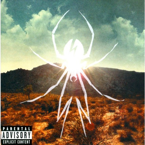 Cover of the album Danger Days by My Chemical Romance. A white spider graphic on top of a picture of a mountain in a desert during golden hour.
