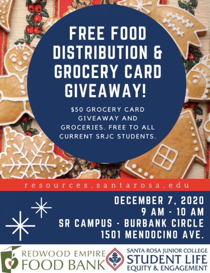 The last food distribution and grocery card giveaway of the semester will take place 9–10 a.m. Dec. 7 on Santa Rosa campus 