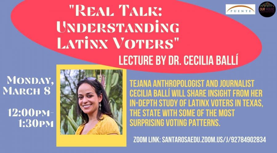 A banner for Dr. Cecilia Balli's lecture on Latinx voting trends.