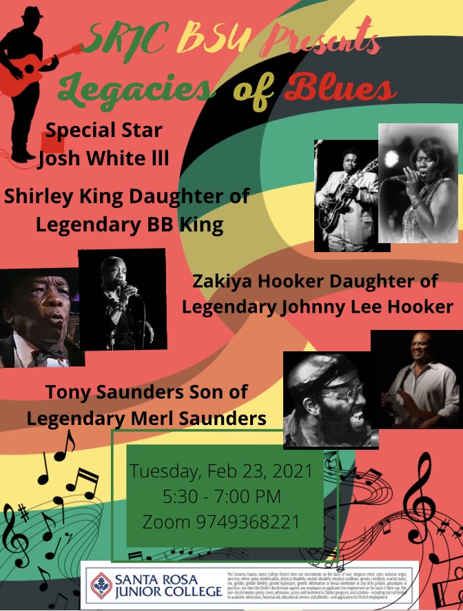 Poster for "Legacy of the Blues" panel sponsored by the Black Students Union.