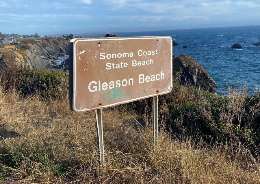 A sign for Sonoma County state beach Gleason Beach on the Sonoma coast.