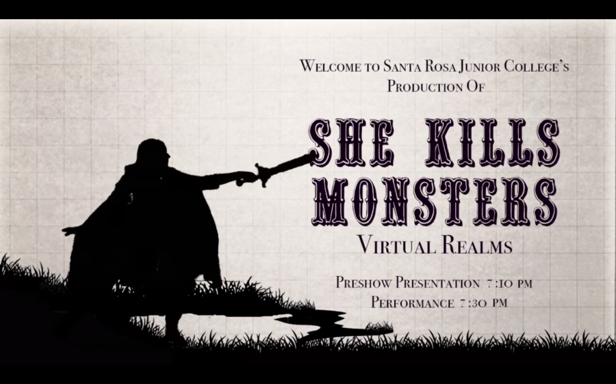 A poster for SRJC Theatre Arts' performance of "She Kills Monsters: Virtual Realms" featuring a silhouette of a person with a sword.