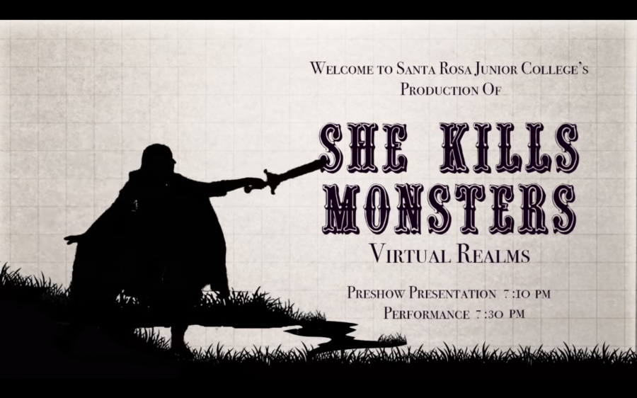 A poster for SRJC Theatre Arts performance of She Kills Monsters: Virtual Realms featuring a silhouette of a person with a sword.