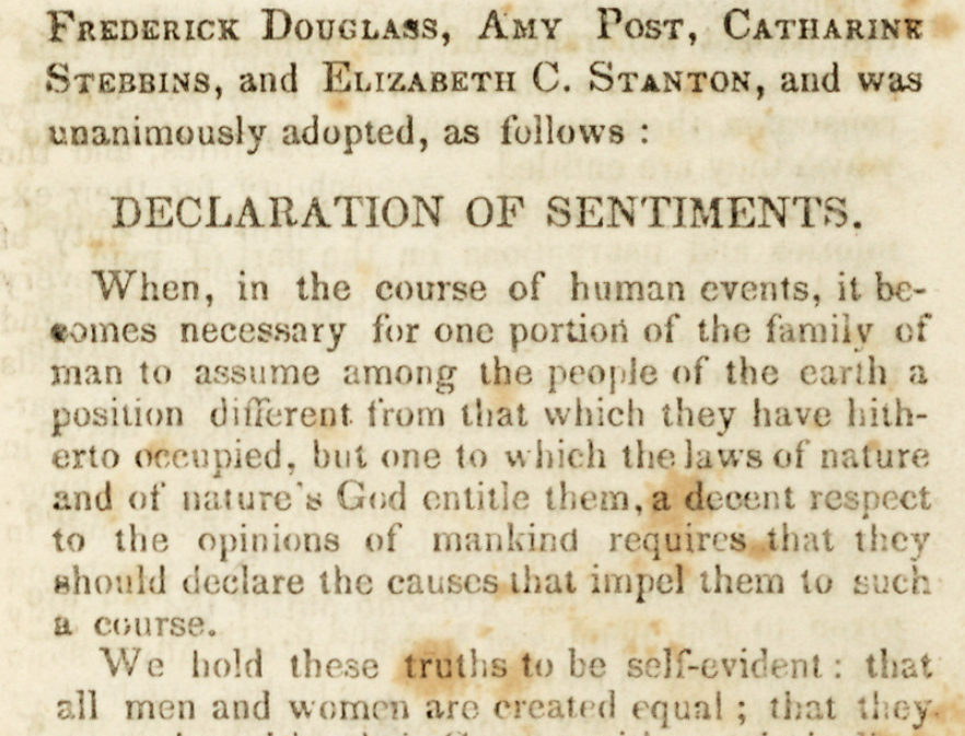 A photo of the opening paragraphs from The Declaration of Sentiments.