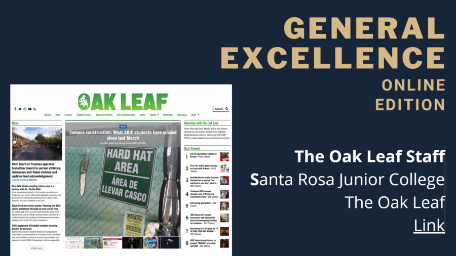 A slide from the Journalism Association of Community Colleges 2021 spring awards ceremony in which The Oak Leaf won the Online General Excellence award.