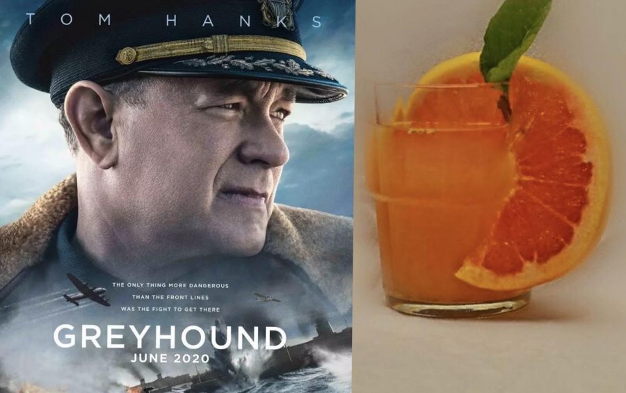 On the left is a poster for the movie "Greyhound" starring Tom Hanks. On the right is a photo of a greyhound cocktail.