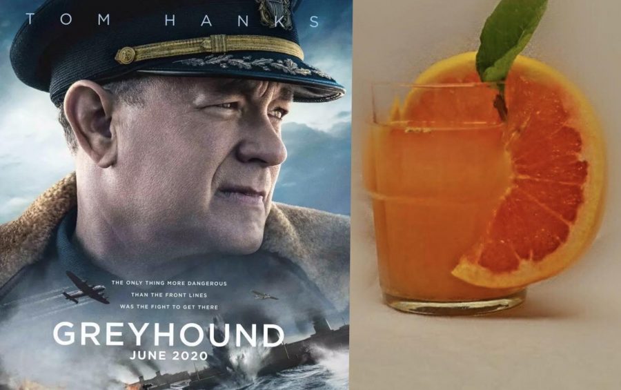 On the left is a poster for the movie Greyhound starring Tom Hanks. On the right is a photo of a greyhound cocktail.