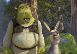 A graphic of the characters Shrek and Donkey edited to have their faces swapped.
