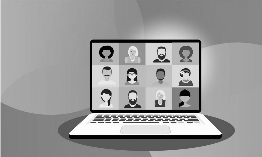 A black and white photo illustration depicting an online conference.