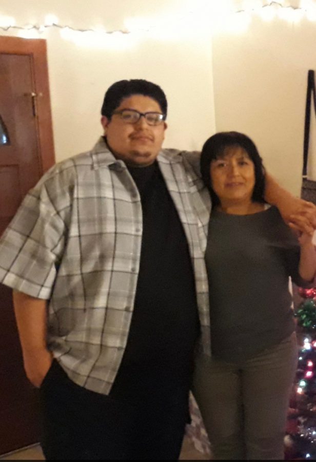 Sergio Santana-Peralta (pictured left) towering over his mother Alberta Peralta (pictured right).