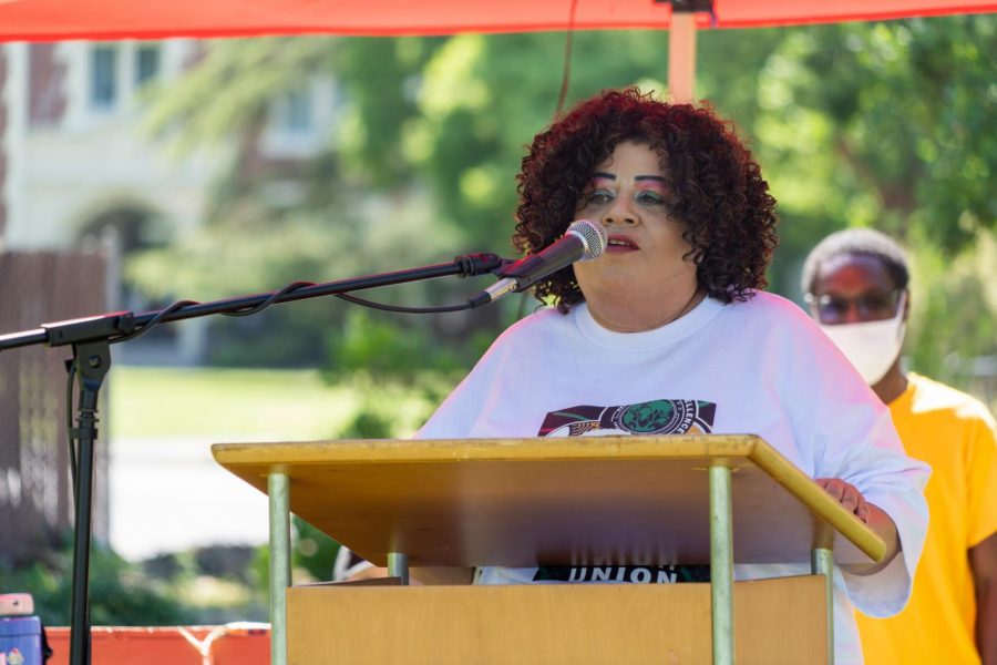 Santa Rosa Junior College Student Body President Delashay Carmona Benson speaking at a BlackOut walkout May 5.