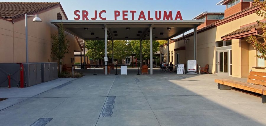 The entrance to SRJCs Petaluma campus is quiet thanks to COVID-19 protocols and reduced enrollment.