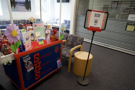 The cheery Student Health Services lobby includes a brightly colored table decorated with a flower and many health pamphlets.