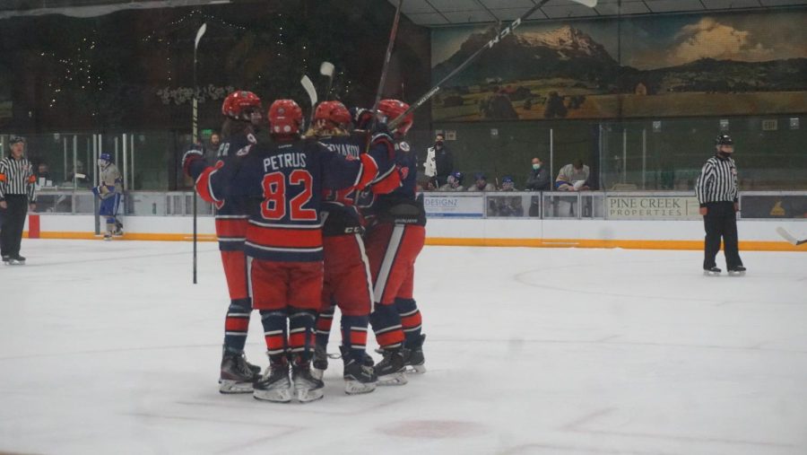 Polar Bears assistant captain and forward Jonah Petrus (82) celebrates his younger brother Toby Petrus' first period goal in SRJC's 5-4 overtime win against San Jose State University on Oct. 22 at Snoopy's Home Ice in Santa Rosa.